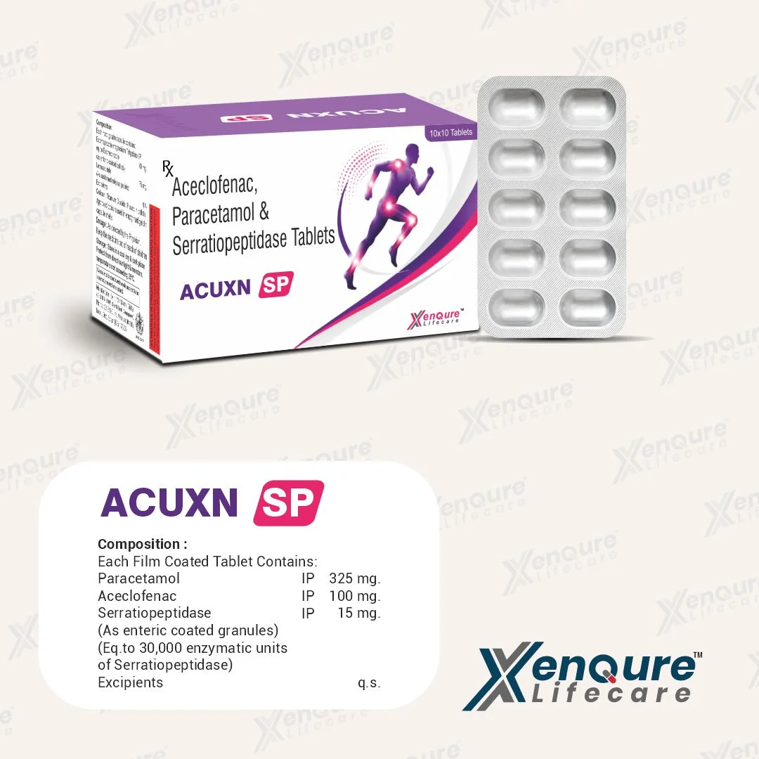 ACUXN SP Tablets Aceclofenac, Paracetamol and Serratiopeptidase, 10×10 pack by Xenqure Lifecare