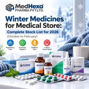 Winter medicines for medical store: shelf stocked with cough syrups, gargles and paediatric syrups