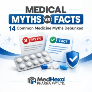 “Medical Myths vs Facts”. Alt text: “Medical myths vs facts: family medicine box with myth and fact labels”