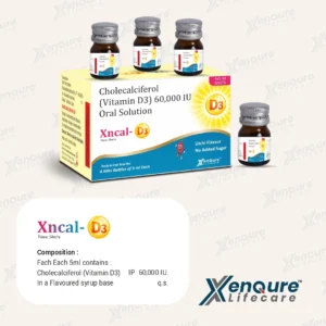 Xncal-D3 Nano Shots Cholecalciferol Vitamin D3 60,000 IU oral solution, 4 × 5 ml litchi flavour by Xenqure Lifecare